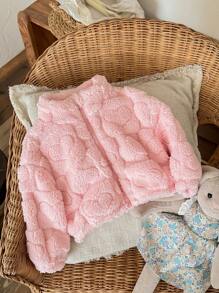 SHEIN LMoss Kids LMoss 女婴可爱休闲毛绒立领夹克，带心形图案，非常适合秋冬季 - 粉色 - 查看 3