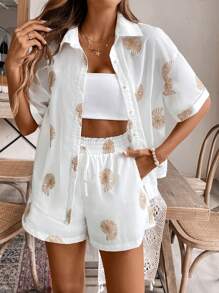 SHEIN Frenchy Summer White Linen Embroidery Going Out Set, Blouse Jacket Women's Shorts Two-Piece Set, Conch Embroidery, Holiday Set, Suitable For Daily Home And Holiday Wear, Fabric Breathable And Comfortable Women's Random Printed Simple Daily 2pcs/Set