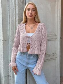 EURMUSE Tie Front Ruffle Hem Crop Cardigan - Pink - View 3