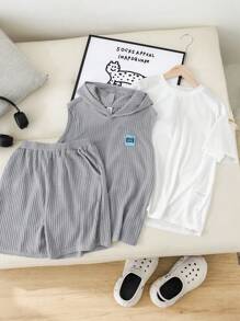 3pcs/Set Tween Boys' Korean Style Loose Short Sleeve T-Shirt, Hooded Vest And Shorts Casual Outfit