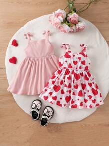 SHEIN Playful Pals 2pcs/Pack Baby Girls' Casual Basic Cute Heart Pattern Printed Spaghetti Strap Dress, Spring/Summer, Perfect For Valentine's Day - Pink - View 8