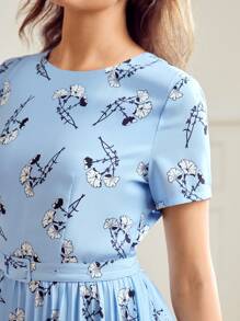 MOTF Classy ALLOVER PRINT BUCKLE BELTED PLEATED HEM DRESS