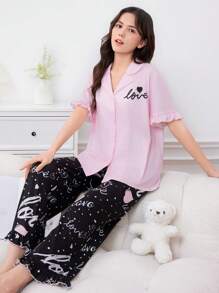 SHEIN Teen Girl's Knitted Comfortable Loose Shirt Collar Short Sleeve Top With Heart Pattern Long Pants Casual Homewear Set - Baby Pink - View 4