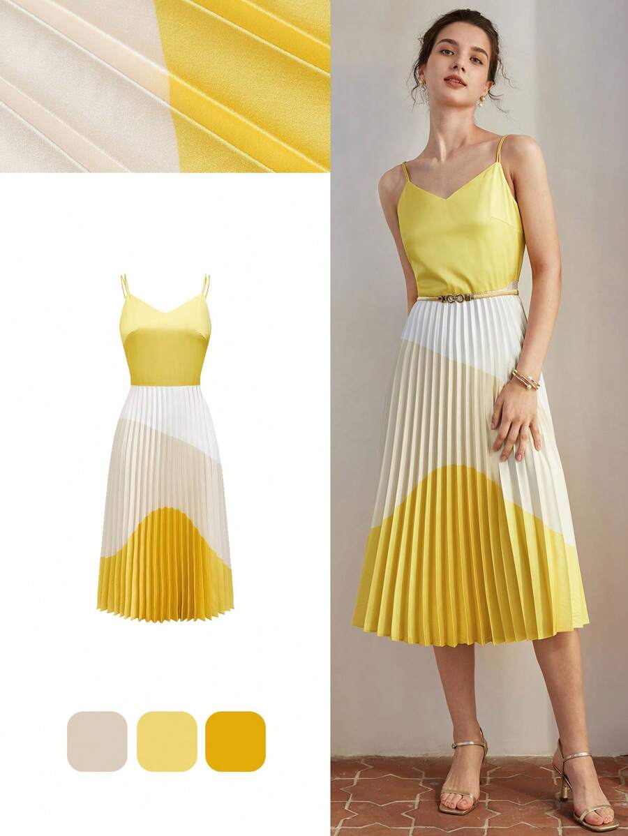MOTF PREMIUM Vestido slip con dobladillo plisado de bloque de color