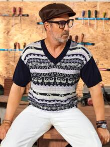 Manfinity Homme Men's Summer Camel Pattern V-Neck Short Sleeve Casual Knit Top - Multicolor - View 2