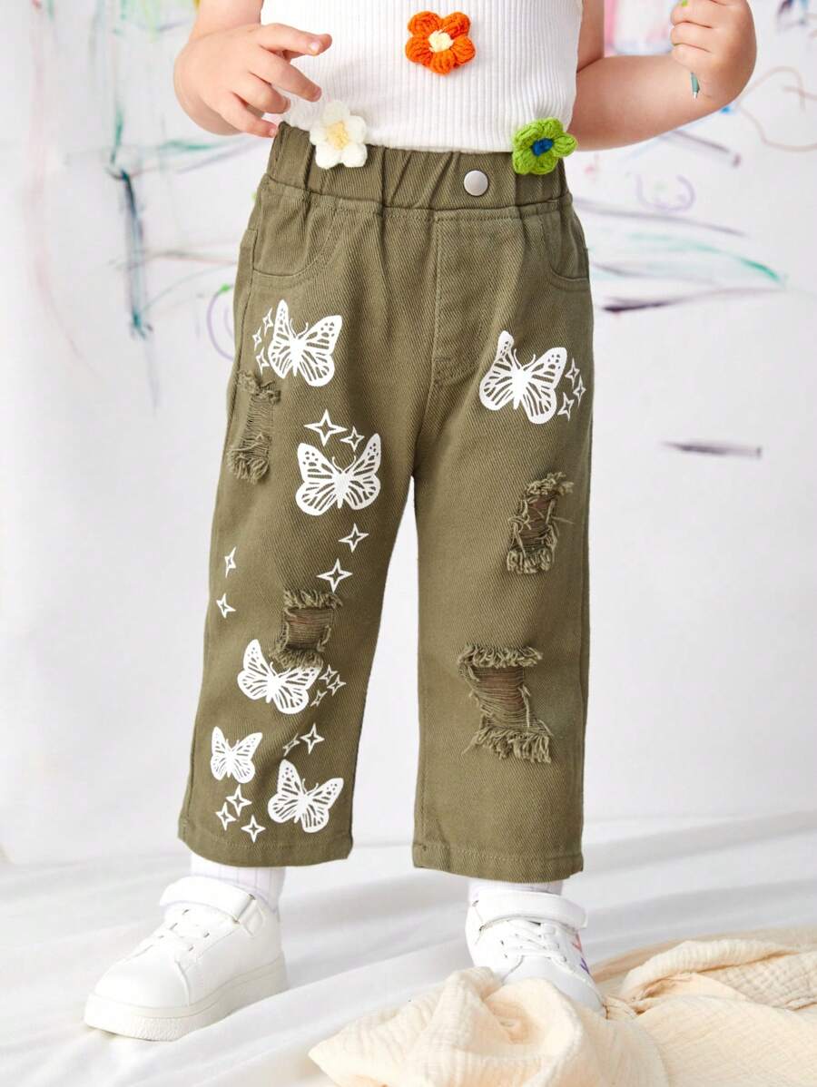 Baby Girl Y2K Street-Style Cool  Green Butterfly Printed Ripped Straight Jeans - Army Green - View 1