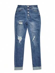 女士秋季做旧纽扣门襟修身牛仔裤