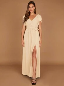 SHEIN Belle Vestido de Dama de Honra Elegante para Adultos com Decote em V, Borda com Babados e Fenda - Bege - Visão 4