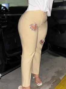 SHEIN SXY Plus Size Heart Hollow Out Rhinestone Decoration Skinny Pencil Pants - Apricot - View 4