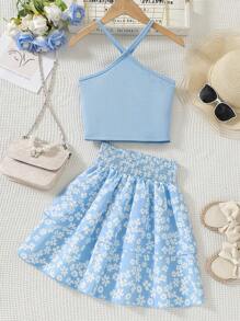 SHEIN Tween Girl's Summer Vacation Casual Solid Color Cross Halter Top And Floral Cake Skirt - Blue - View 1