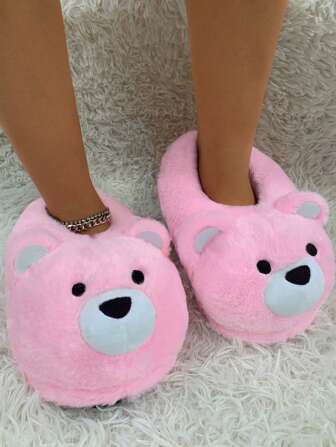 Zapatillas de casa para mujer de otoño/invierno, ligeras y antideslizantes, con bordado de oso rosa, totalmente cubiertas de peluche para mantener el calor, divertidas zapatillas