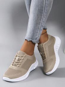 STEPREACH 秋冬女士休闲运动鞋网面运动鞋透气舒适轻便系带纯色粉色亮面防滑耐磨 - 卡其色 - 查看 7