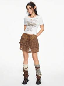 ROMWE Fairycore Váy ren tương phản thêu bướm cổ điển cho mùa hè - màu nâu - Xem 5