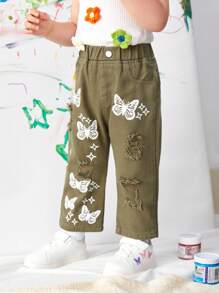 Baby Girl Y2K Street-Style Cool  Green Butterfly Printed Ripped Straight Jeans - Army Green - View 5