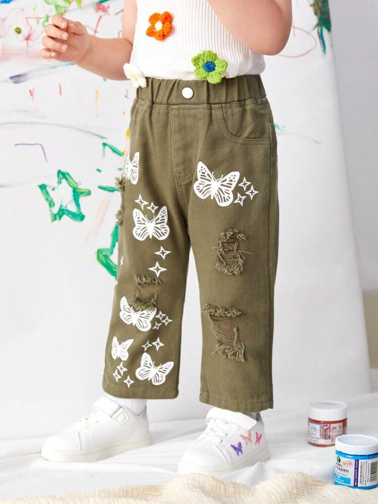Baby Girl Y2K Street-Style Cool  Green Butterfly Printed Ripped Straight Jeans
