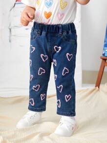 Baby Girl Casual Cute Pink Heart Printed Fully Elastic Jeans - Medium Wash - View 4