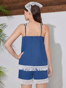 SHEIN Teen Girls' Holiday Fringe Lace Cami Top And Shorts Set, Blue Denim, 2 Pieces