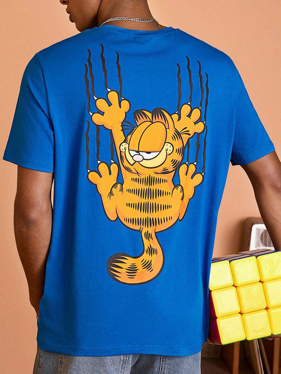GARFIELD | SHEIN Camiseta casual de manga corta con estampado de dibujos animados para hombre, verano - Azul - Ver 1