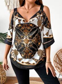 SHEIN Clasi Plus Size Women's Off-Shoulder Shirt With Floral Print - Multicolor - View 4