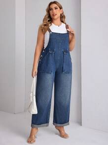 SHEIN Essnce Women's Plus Size Simple Daily Wear Solid Color Denim Overall