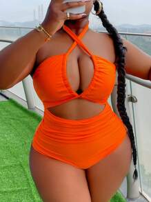 SHEIN Slayr CURVE 大尺碼女款時尚夏季海灘中空露背三點式泳裝 - 橘色 - 查看 3