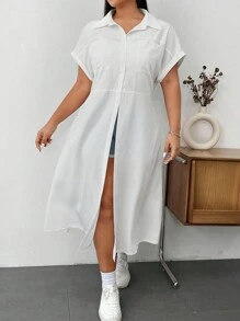 Flirla Chemise décontractée et élégante grande taille à col en V et manches courtes - Blanc - Voir 7