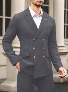 Manfinity Mode 純色男士簡約日常長袖西裝外套 - 灰色 - 查看 5