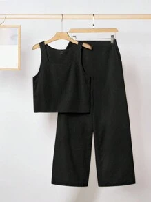 SHEIN Clasi Ensemble été pour femmes avec top de réservoir confortable à encolure carrée de couleur unicolore et pantalon décontracté et ample - Noir - Voir 8