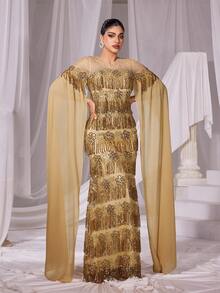 Faeriesty Rhinestone Detail Extra-Long Sleeves Fringed Sequin Prom Dress - Champagne - View 4