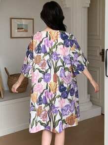 DAZY Loose Sleeping Dress With Floral Pattern Print Pajama - Purple - View 2