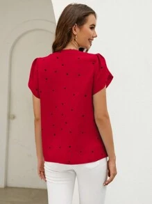 SHEIN Clasi 春季心形印花花瓣袖 V 领夏季海滩女式衬衫、短袖上衣