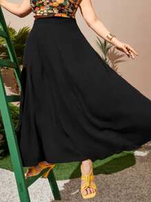 SHEIN CURVE+ Falda larga negra de cintura alta y abertura para vacaciones y ocio en tallas grandes - Negro - Ver 4