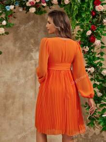 Joyfunear Lantern Sleeve Deep V-Neck Tie Waist Pleated Maternity Elegant Dress, For Party