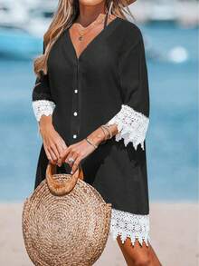 Women's Contrast Lace Patchwork Simple V-Neck Camisole Top - Black - View 3