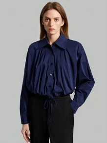 Ontre Women'S Solid Color Long Sleeve Cotton Shirt - Navy Blue - View 6