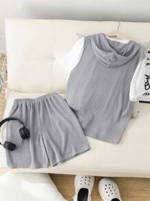 3pcs/Set Tween Boys' Korean Style Loose Short Sleeve T-Shirt, Hooded Vest And Shorts Casual Outfit