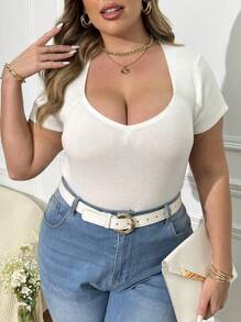 SHEIN Clasi Camiseta de punto de manga corta con cuello de corazón para mujer de talla grande en unicolor para verano - Blanco - Ver 5