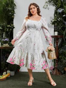 Flirla Vestido Casual Romântico Estampado de Manga Longa e Decote Quadrado em Tamanho Grande - Branco - Ver 5