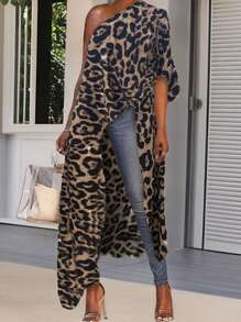 SHEIN Clasi Women's Short Front Long Back Hem Leopard Print Asymmetrical Neck One Shoulder Summer Blouse