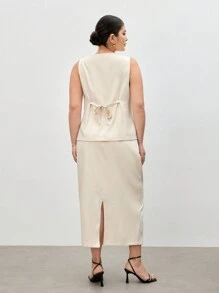 BizChic 加大码纯色编织优雅背心和裙子套装女式两件套 - 杏色 - 查看 2