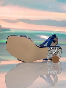 女式鍍金高跟鞋透明方頭鑲嵌腳踝帶扣時尚涼鞋,適用於春夏秋季,咖啡/棕色/綠色/皇藍/淺藍/栗色 - 寶藍色 - 查看 8