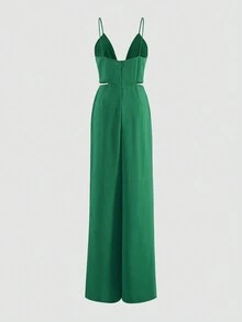 Celana Jumpsuit Wanita dengan Lubang di Bagian Bawah - Hijau - View 2