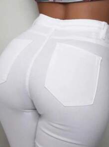 Women's High Waisted Button Up Front Flared Jeans - Slim Fit, Stylish-Fall Clothes For Women-Valentine's Day - White - View 3