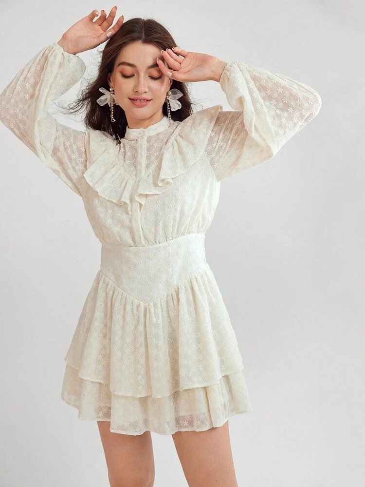 Romantic And Casual Long-Sleeved Lace Lantern Sleeve Boho Embroidered Lotus Leaf Short Dress For Summer And Autumn Vacation