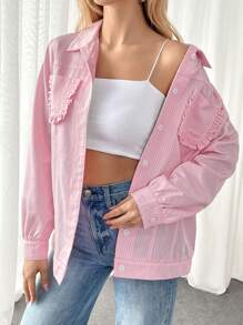SHEIN Essnce Women's Simple Daily Pink Striped Ruffle Hem Blazer - Pink - View 5