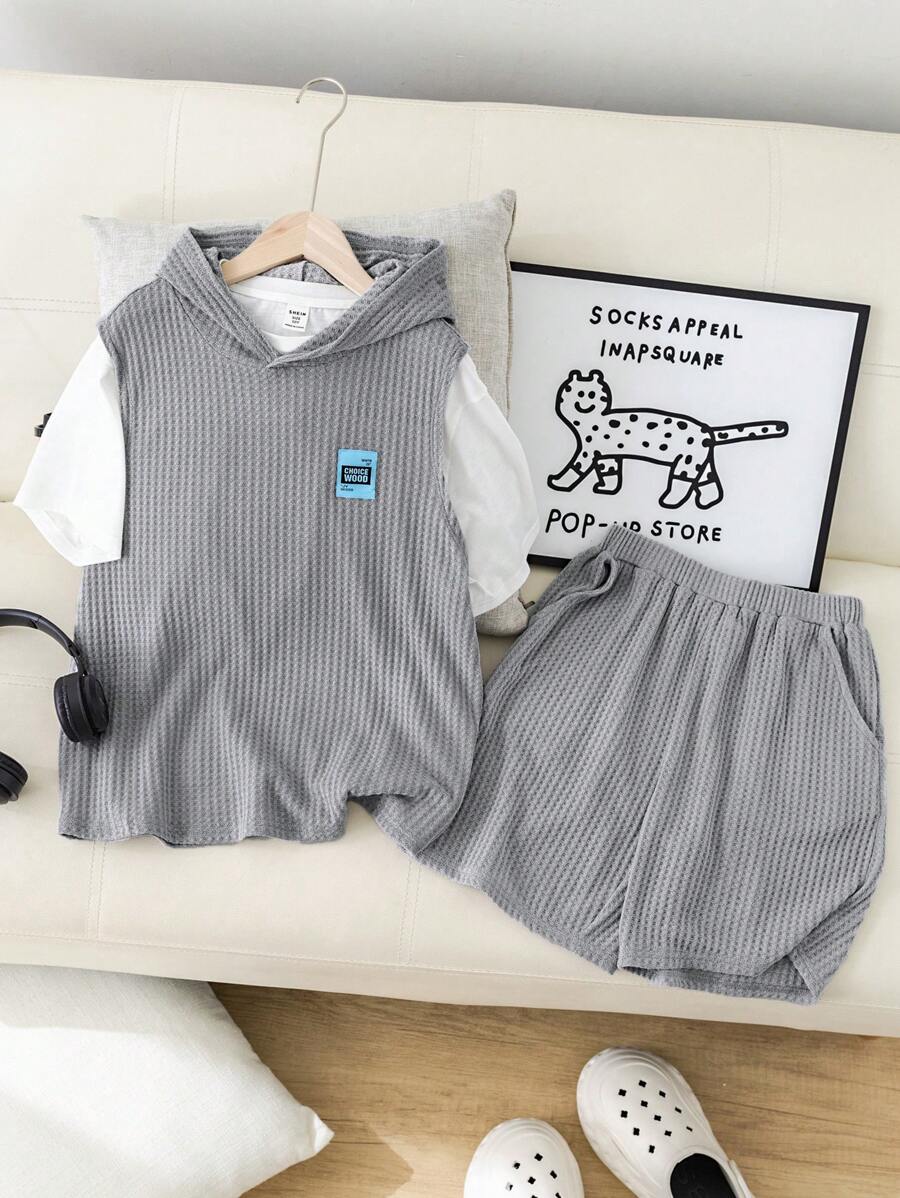3pcs/Set Tween Boys' Korean Style Loose Short Sleeve T-Shirt, Hooded Vest And Shorts Casual Outfit