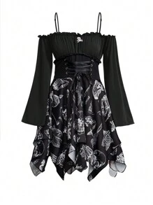 ROMWE Goth Skull Tank Dress With Lace-Up Detailing & Asymmetrical Hemline For Women - Black - View 1