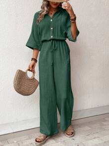 SHEIN VCAY Ladies' Plain Simple Jumpsuit For Daily Wear - Dark Green - View 1