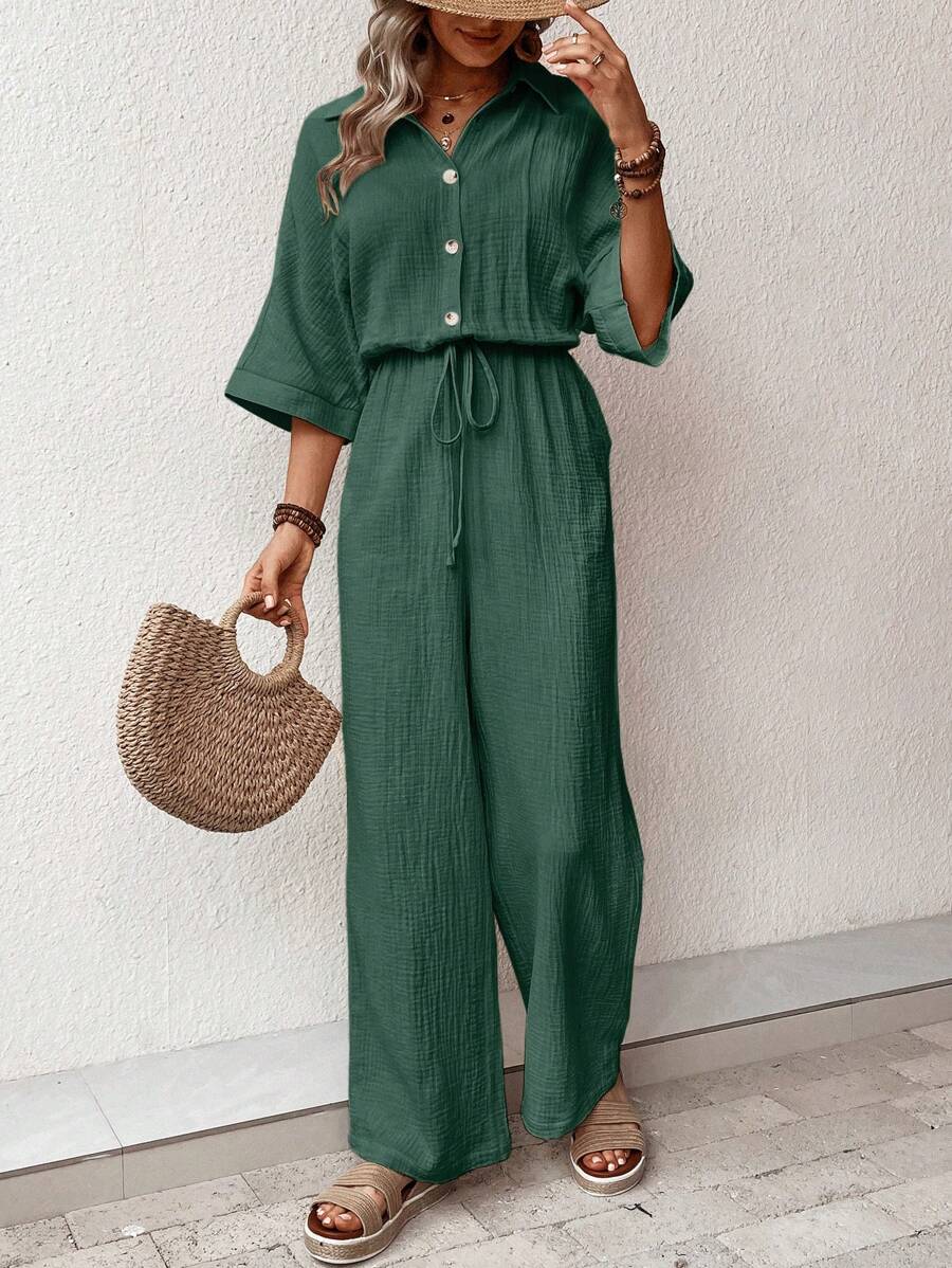 SHEIN VCAY Ladies' Plain Simple Jumpsuit For Daily Wear - Dark Green - View 1