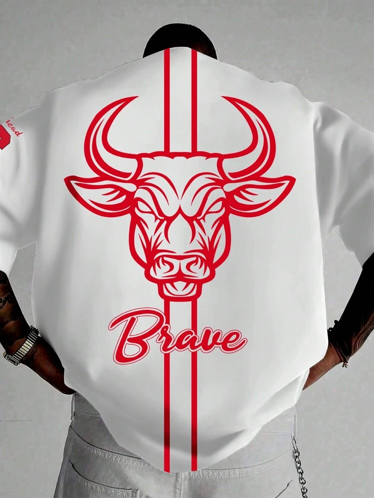 Manfinity LEGND Men Plus Size Summer Casual T-Shirt With Letter And Bull Head Graphic Print, Short Sleeve, Crew Neck, Going Out Street Wear - White - View 1